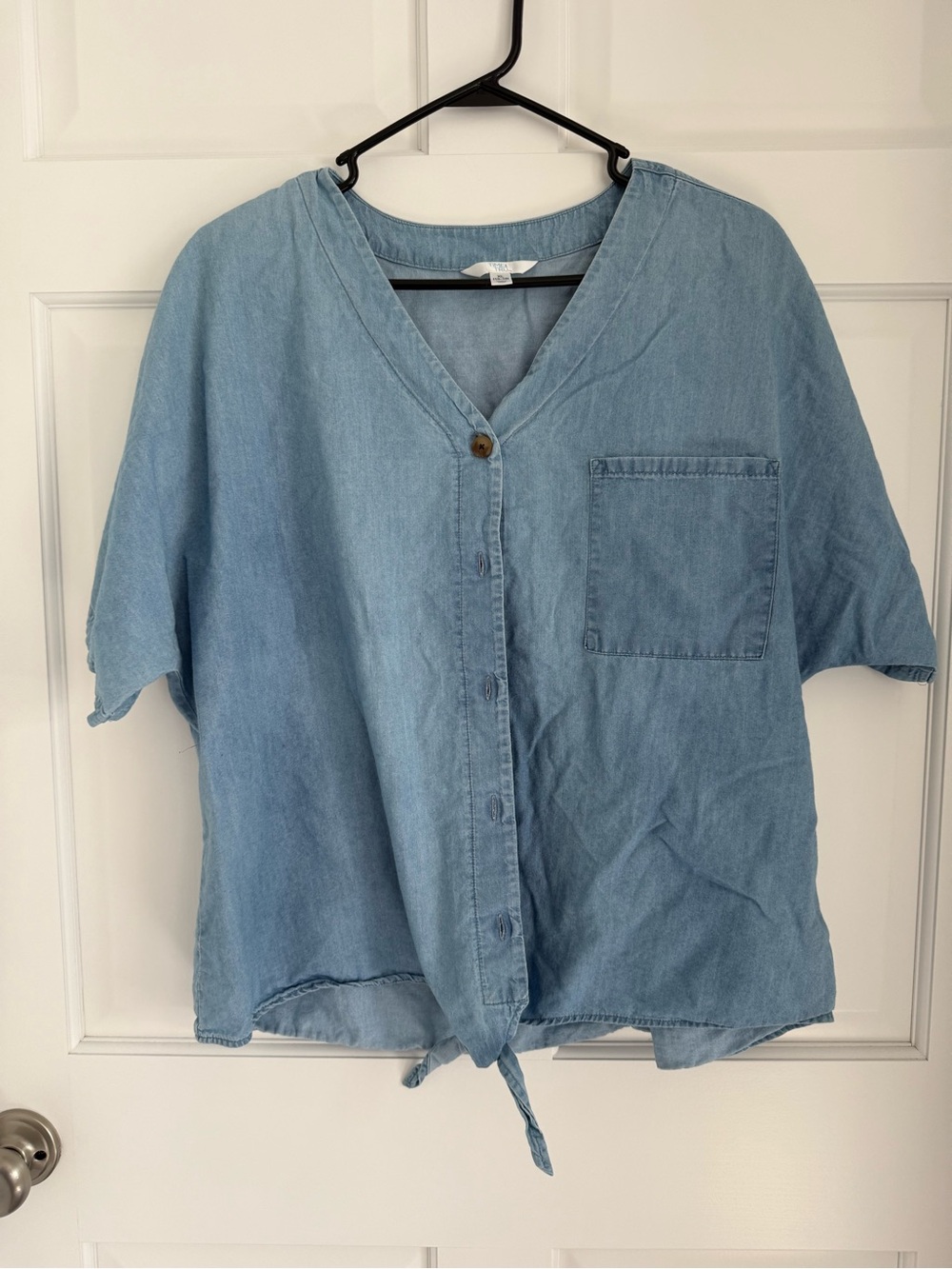 Short Sleeve Button Down Denim Shirt with tie in front